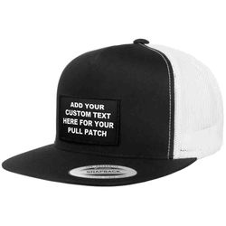 4 LINES CUSTOM TEXT + FLAT BILL TRUCKER HAT (BLACK & WHITE)