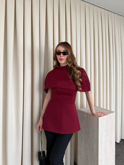 Bordo Pelerinli Straplez Bluz