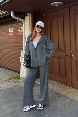 Antrasit Fermuarlı Kapüşonlu Triko Takım