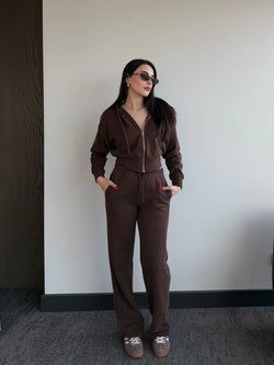 Kahverengi %100 Pamuk Kapüşonlu Fitilli Takım