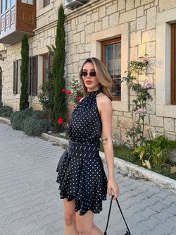 Siyah Halter Yaka Puantiyeli Saten Elbise