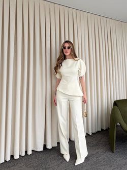 Ekru Balon Kol Asimetrik Bluz Pantolon Takım