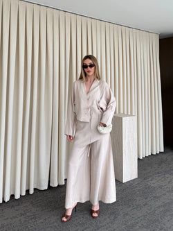 Bej Pantolon Ek Parça Detaylı Kimono Takım