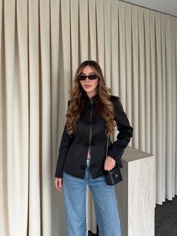 Siyah Tasarım Düğmeli Parlak Kumaş Military Ceket