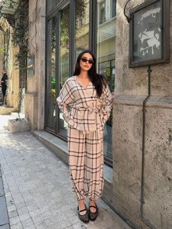 Kahverengi Ekose Kimono Şalvar Takım