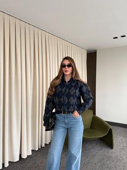 Lacivert - Antrasit Baklava Desenli Fermuarlı Hırka