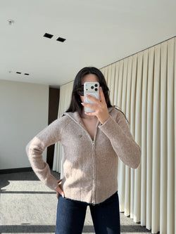 Bej Balıkçı Yaka Çift Fermuarlı Hırka