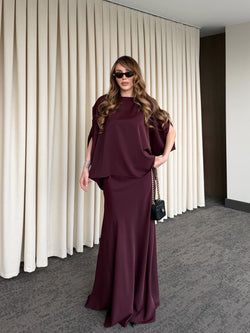 Mürdüm Omuz Drapeli Saten Bluz Etek Takım