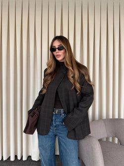 Kahverengi Hakim Yaka Ekose Ceket