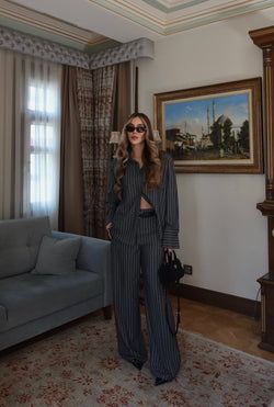 Antrasit Çizgili Vatkalı Gömlek Pantolon Takım