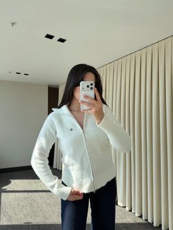 Ekru Balıkçı Yaka Çift Fermuarlı Hırka