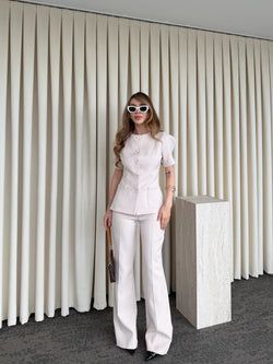 Bej Balon Kol Düğmeli Ceket Pantolon Takım