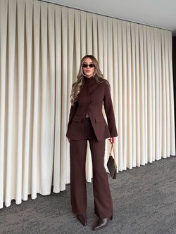 Kahverengi Hakim Yaka Ceket Pantolon Takım