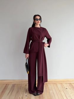 Bordo Kuşaklı Dantel Detaylı Bluz Pantolon Takım