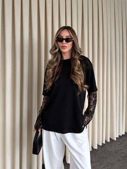 Siyah Kolları Dantelli Bluz