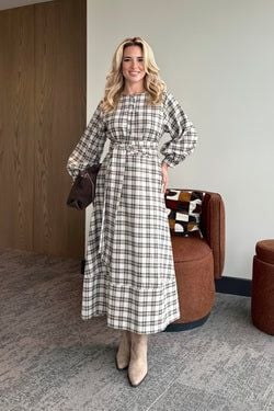 Taş Ekoseli Kuşaklı Uzun Elbise