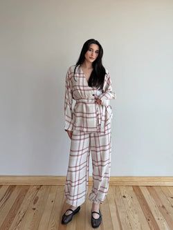 Kırmızı Ekose Kimono Şalvar Takım