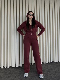 Bordo %100 Pamuk Kapüşonlu Fitilli Takım