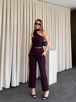 Mürdüm Tek Omuz Tasarım Yaka Bluz Pantolon Takım