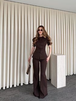 Kahverengi Balon Kol Düğmeli Ceket Pantolon Takım