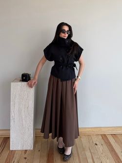 Kahverengi Beli Lastikli Uzun Etek