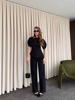 Siyah Balon Kol Asimetrik Bluz Pantolon Takım