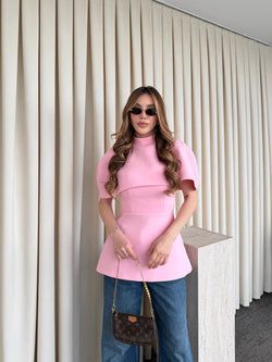 Pembe Pelerinli Straplez Bluz