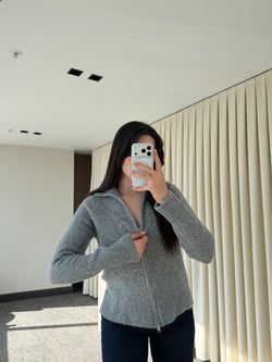 Gri Balıkçı Yaka Çift Fermuarlı Hırka