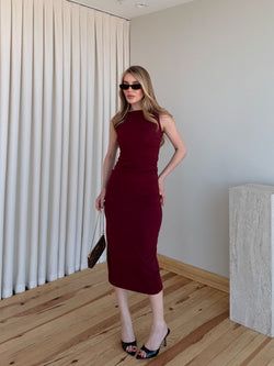 Renk – Bordo Drapeli Midi Elbise