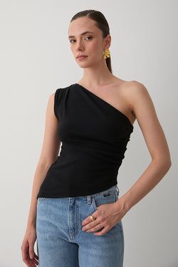 Siyah Tek Omzu Açık Asimetrik Bluz