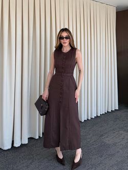 Kahverengi Düğmeli Kemerli Gabardin Elbise