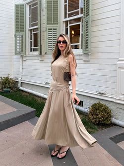 Bej Beli Şal Detaylı Elbise