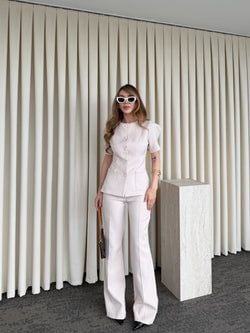 Bej Balon Kol Düğmeli Ceket Pantolon Takım