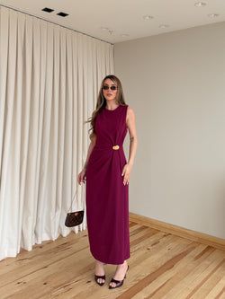 Bordo Gold Tokalı Uzun Elbise