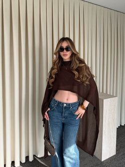 Kahverengi Muadil Tasarım Triko Pelerin Şal