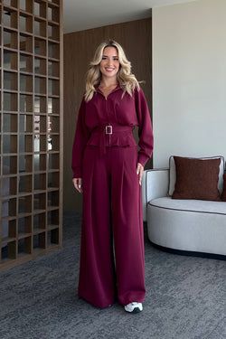 Bordo Bel Kemerli Pantolon Pensli Takım