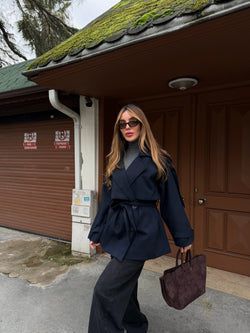 Lacivert Oversize Düşük Omuz Kısa Trenç