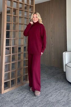 Bordo Boğazlı Fitilli Triko Takım