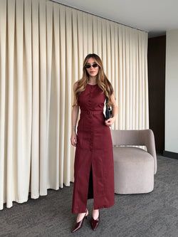 Bordo Düğmeli Kemerli Gabardin Elbise