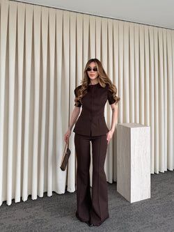 Kahverengi Balon Kol Düğmeli Ceket Pantolon Takım