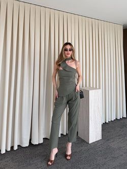 Haki Tek Omuz Tasarım Yaka Bluz Pantolon Takım