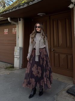Kahverengi Etnik Desenli Şifon Etek