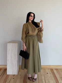 Haki Beli Lastikli Uzun Etek