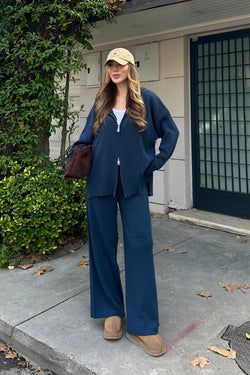 Lacivert Fermuarlı Kapüşonlu Triko Takım