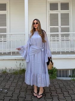 Lila Şallı Büzgülü Elbise