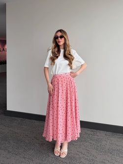 Pembe Şifon Puantiyeli Etek
