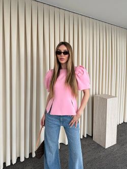 Pembe Kolu İnci Fiyonk Detaylı Bluz