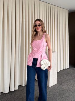 Pembe Kare Yaka Puantiyeli Bluz