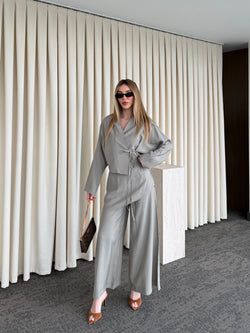 Haki Pantolon Ek Parça Detaylı Kimono Takım