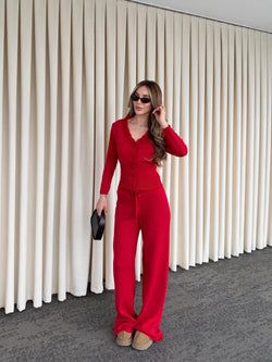 Kırmızı Dantelli İkili Triko Takım